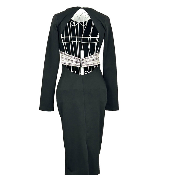 AGACI Dress Womens M Black Long Sleeve Cutout Knee Length Rhinestone Back Belt - Picture 6 of 10